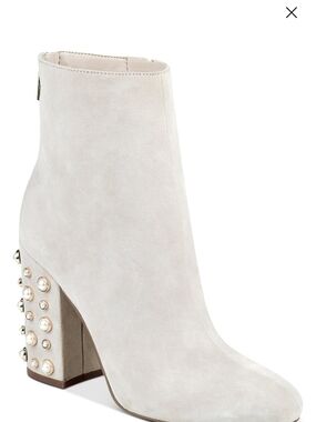Ivanka Trump Cream Suede Pearl-Stud Block Heel Ankle Boot